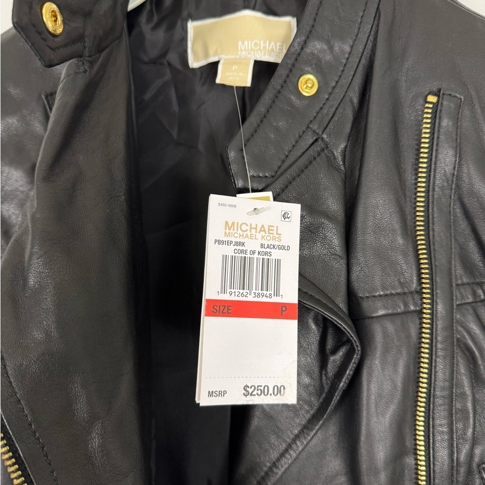 Michael Kors Leather Moto‎ Jacket Luggage Black Sz XS - Picture 5 of 13